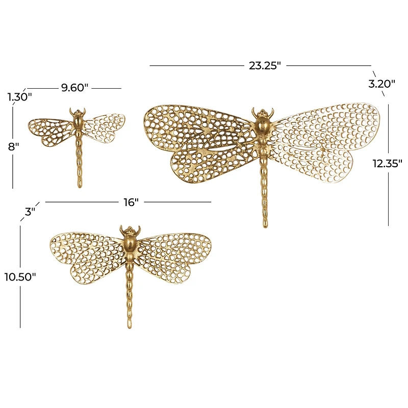 Gold Aluminum Dragonfly Wall Decor with Spotted Cutout Wings, Set of 3
