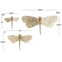 Gold Aluminum Dragonfly Wall Decor with Spotted Cutout Wings, Set of 3