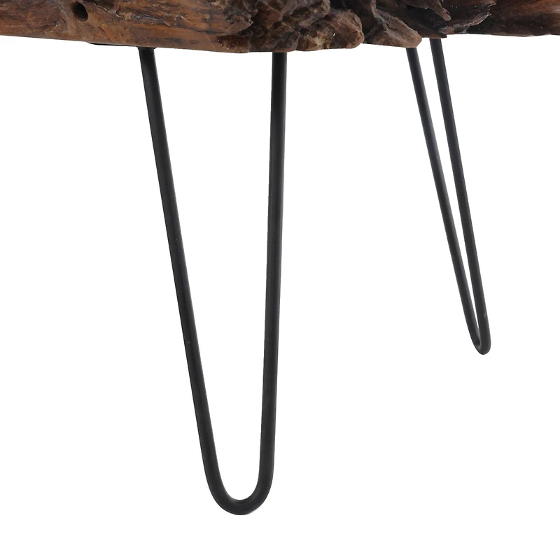 43" Brown Teak Wood Handmade Live Edge Coffee Table with Black Metal Hairpin Legs