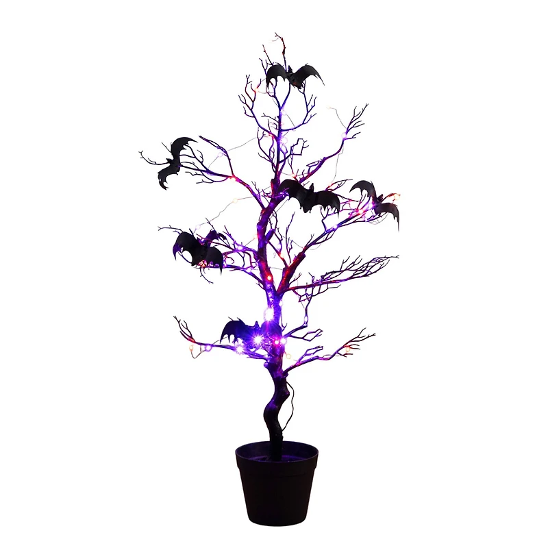 3ft. Pre-Lit Artificial Halloween Black Spooky Twig Tree with Bats and 100 Orange & Purple LED Lights