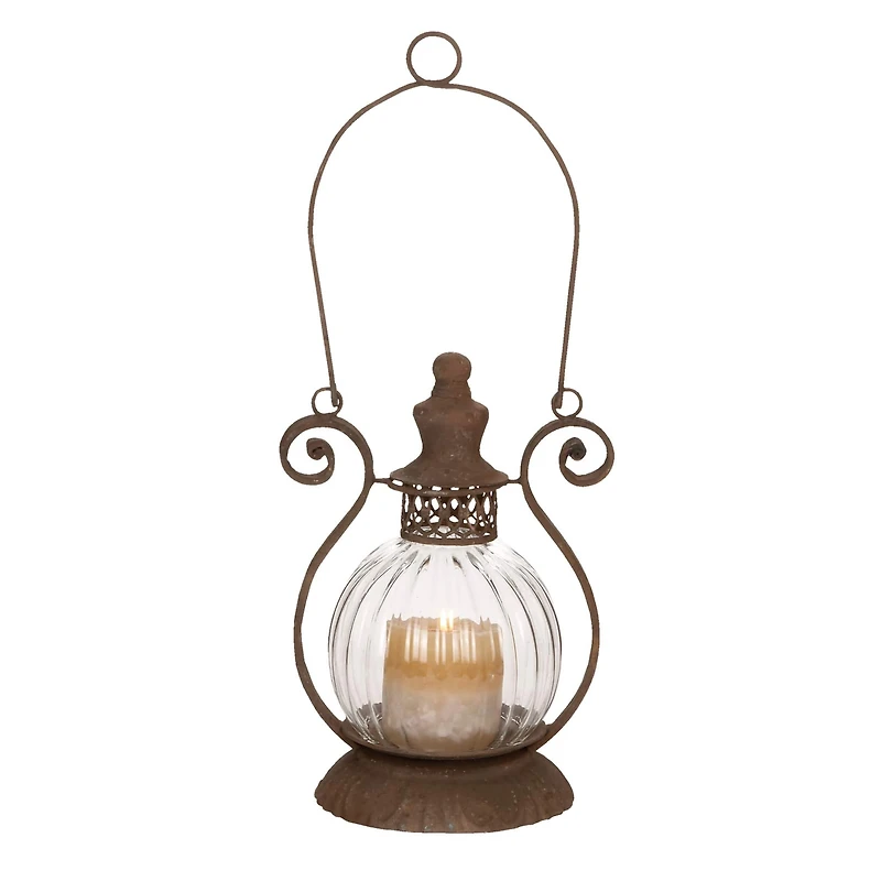 11" Brown Iron Rustic Candle Holder Lantern