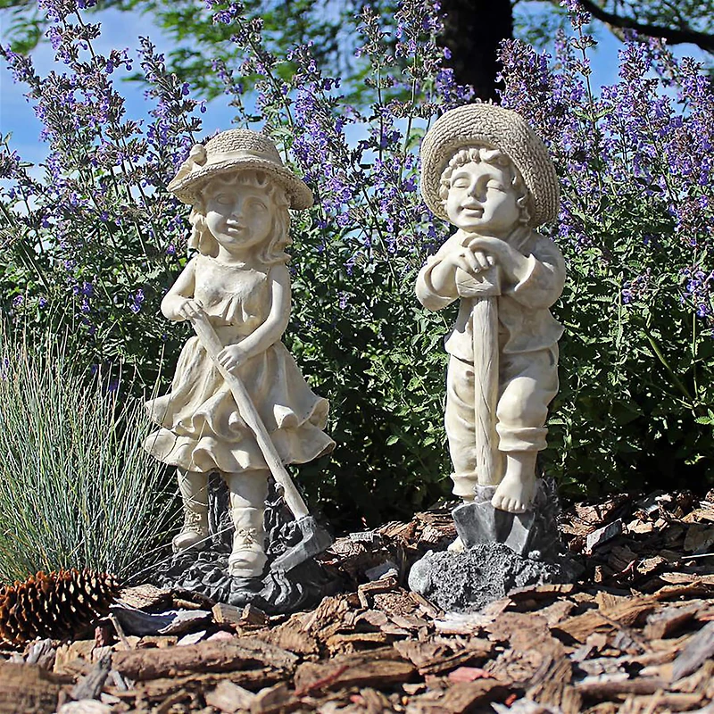 Design Toscano 13" Medium Rebecca & Samuel Young Gardener Statues Set