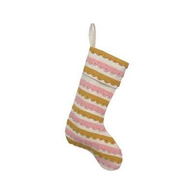 Hello Honey® 19" Pink, Cream & Mustard Wool Felt Stocking with Appliqued Scallops & Beads