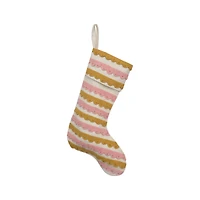 Hello Honey® 19" Pink, Cream & Mustard Wool Felt Stocking with Appliqued Scallops & Beads