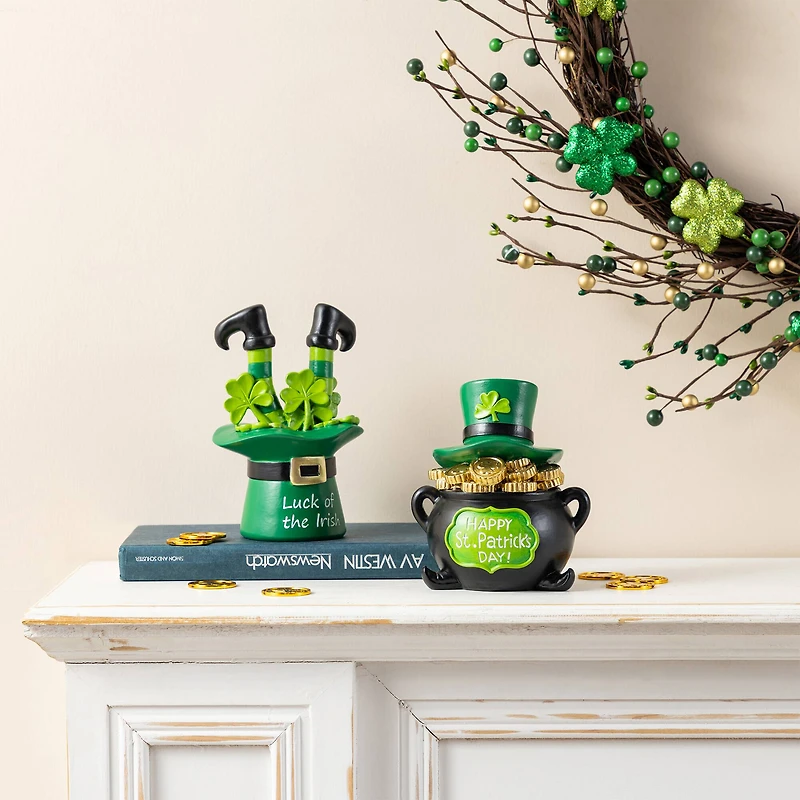 Glitzhome® Set of 2 St. Patrick's Resin Pot of Gold & Leprechaun Hat Table Decor