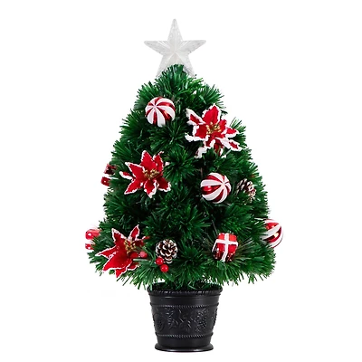 2ft. Fiber Optic Artificial Christmas Tree with Ornaments, Poinsettia & Star Topper in Decorative Planter