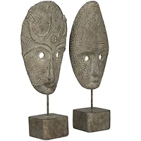 Gray Polystone Handmade Carved Mask Sculpture Set
