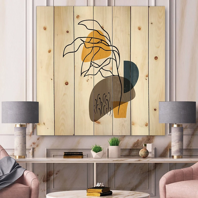 Designart - Abstract Flowers On Minimal Shapes V - Modern Print on Natural Pine Wood