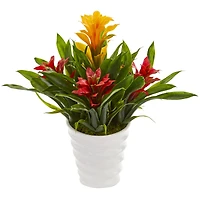 17" Red & Yellow Bromeliad Artificial Plant in White Vase