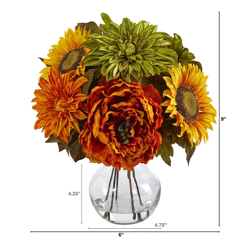 12" Peony, Dahlia & Sunflower Arrangement in Glass Vase