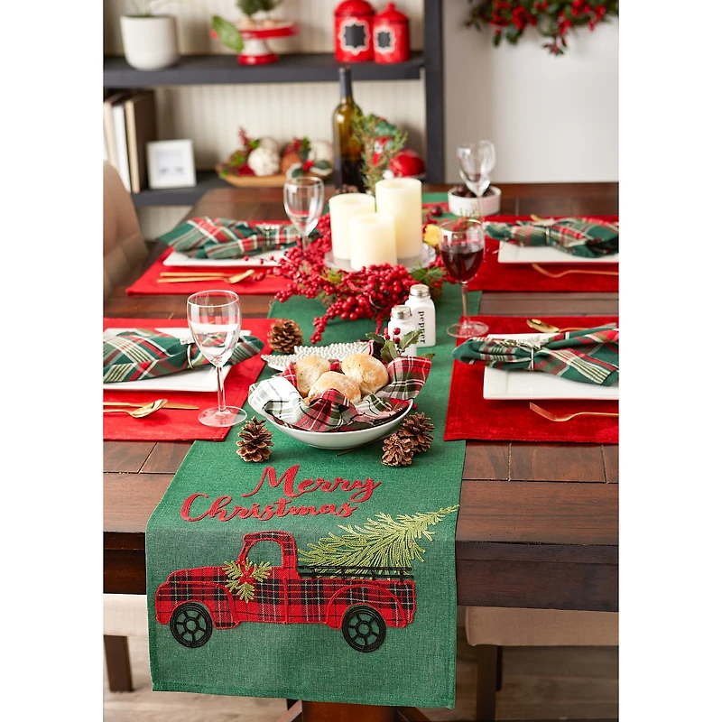 DII® 70" Green Merry Christmas Truck Embroidered Table Runner