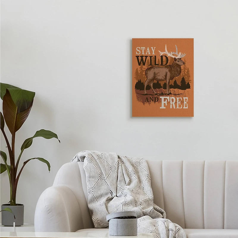 Stupell Industries Stay Wild and Free Phrase Forest Elk Landscape Canvas Wall Art