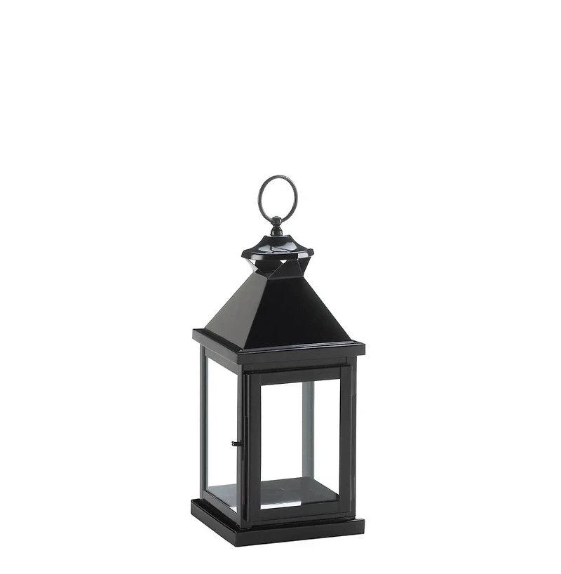 14" Glossy Black Iron & Glass Lantern