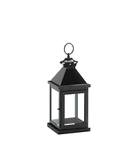 14" Glossy Black Iron & Glass Lantern