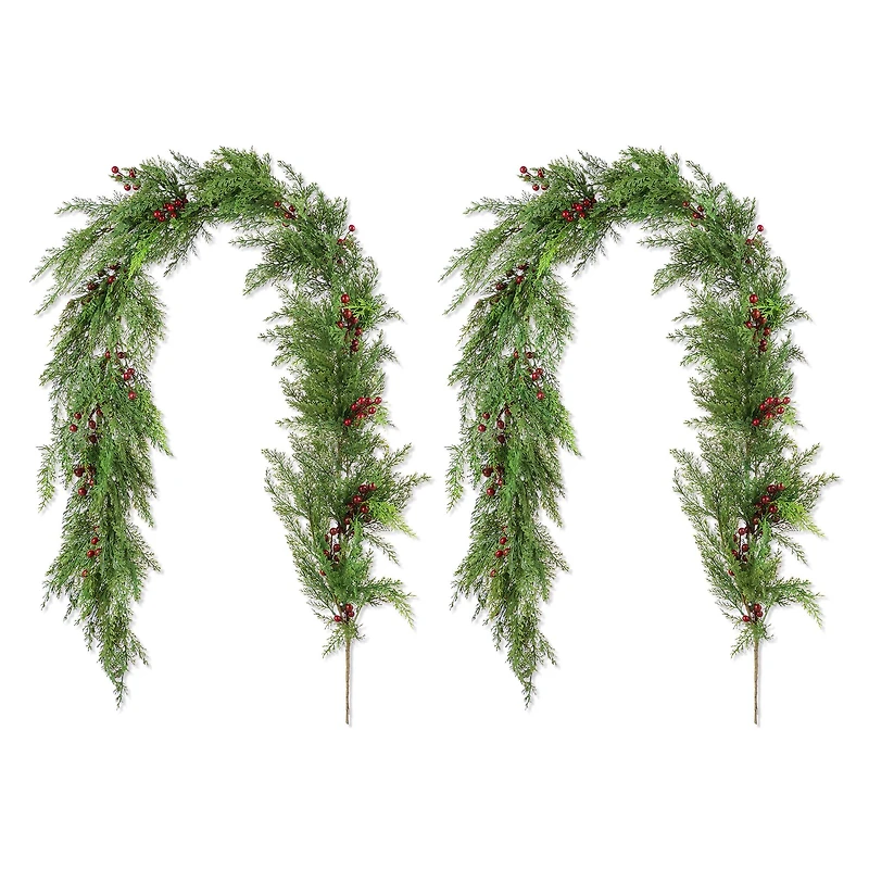 Glitzhome® 6ft Christmas Greenery PE Cedar Garland with Red Berries, 2ct.