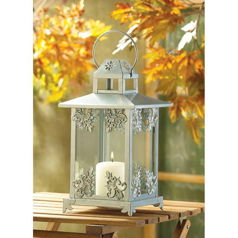 13" Silver Scrollwork Candle Lantern