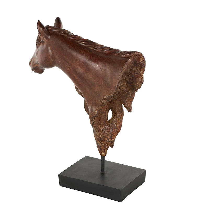 14" Dark Brown Ceramic Horse Head Sculpture with Black Rectangle Base
