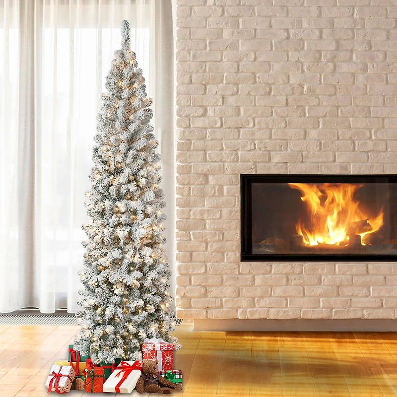 7.5ft. Pre-Lit Acacia Pencil Slim Flocked Artificial Christmas Tree, Clear Lights