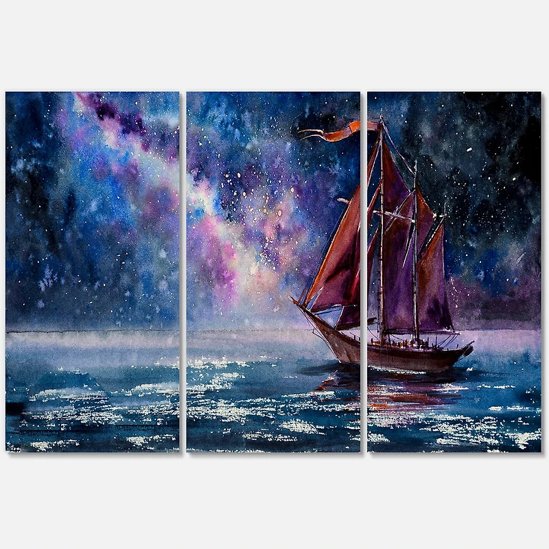 Designart - Wooden Sailboat With Red Sails & Bright Night Sky
