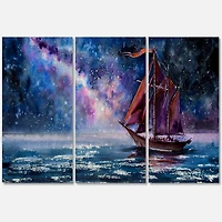 Designart - Wooden Sailboat With Red Sails & Bright Night Sky