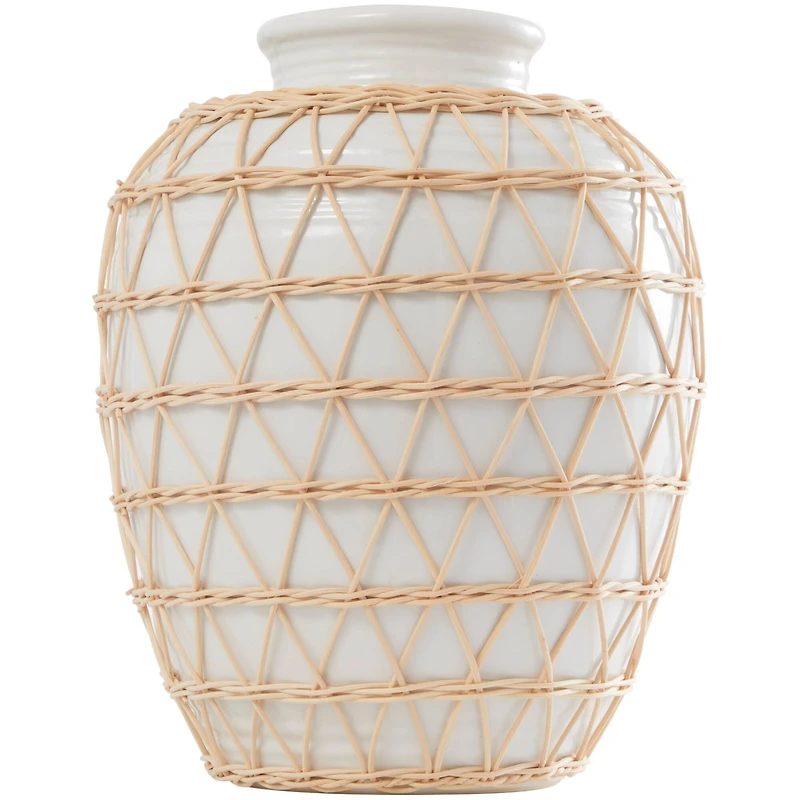 14" White Ceramic Handmade Vase with Woven Rattan Exterior