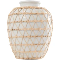 14" White Ceramic Handmade Vase with Woven Rattan Exterior