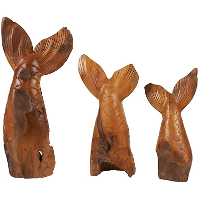 Brown Teak Wood Whale Handmade Tail Live Edge Sculpture with Intricate Carvings Set