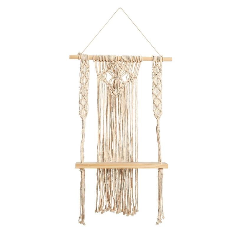 24" Boho Chic Wood Macrame Single Shelf Woven Diamond Wall Art Décor