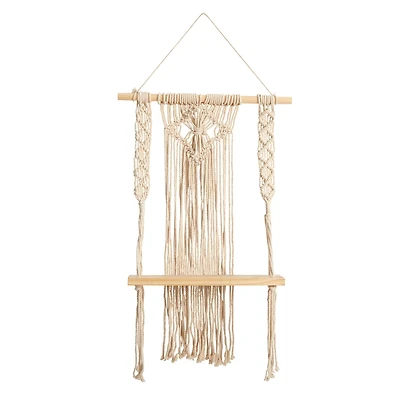 24" Boho Chic Wood Macrame Single Shelf Woven Diamond Wall Art Décor