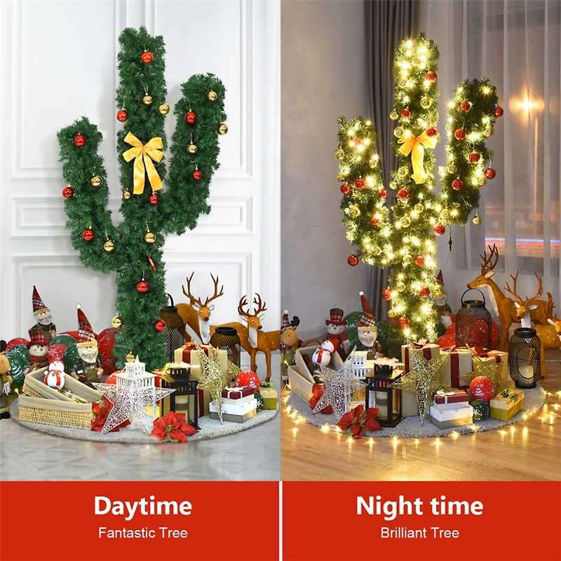 Costway 6ft. Pre-Lit Cactus Artificial Christmas Tree, Warm White LED Lights & Ball Ornaments