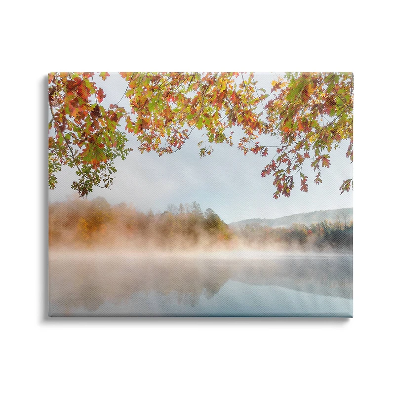 Stupell Industries Foggy Autumn Lake Landscape Fall Tree Leaf Overhang Canvas Wall Art