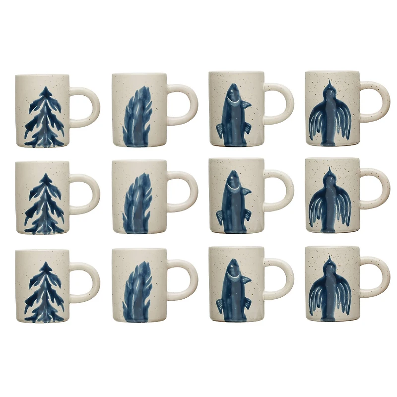 Hello Honey® 12oz. Antique White and Blue Farmhouse Hand Painted Stoneware Mugs Set with Painted Flora and Fauna