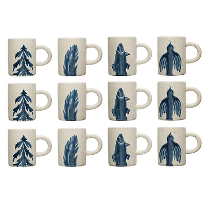 Hello Honey® 12oz. Antique White and Blue Farmhouse Hand Painted Stoneware Mugs Set with Painted Flora and Fauna