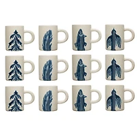 Hello Honey® 12oz. Antique White and Blue Farmhouse Hand Painted Stoneware Mugs Set with Painted Flora and Fauna