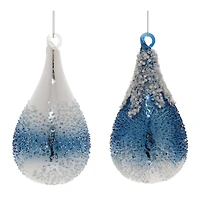 6" Navy Beaded Glass Teardrop Ornaments Set