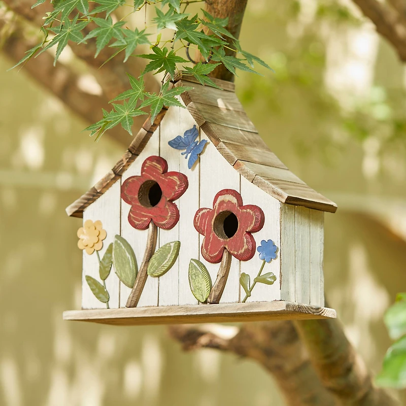 Glitzhome® 10.5" White Distressed Wood Birdhouse with Flowers