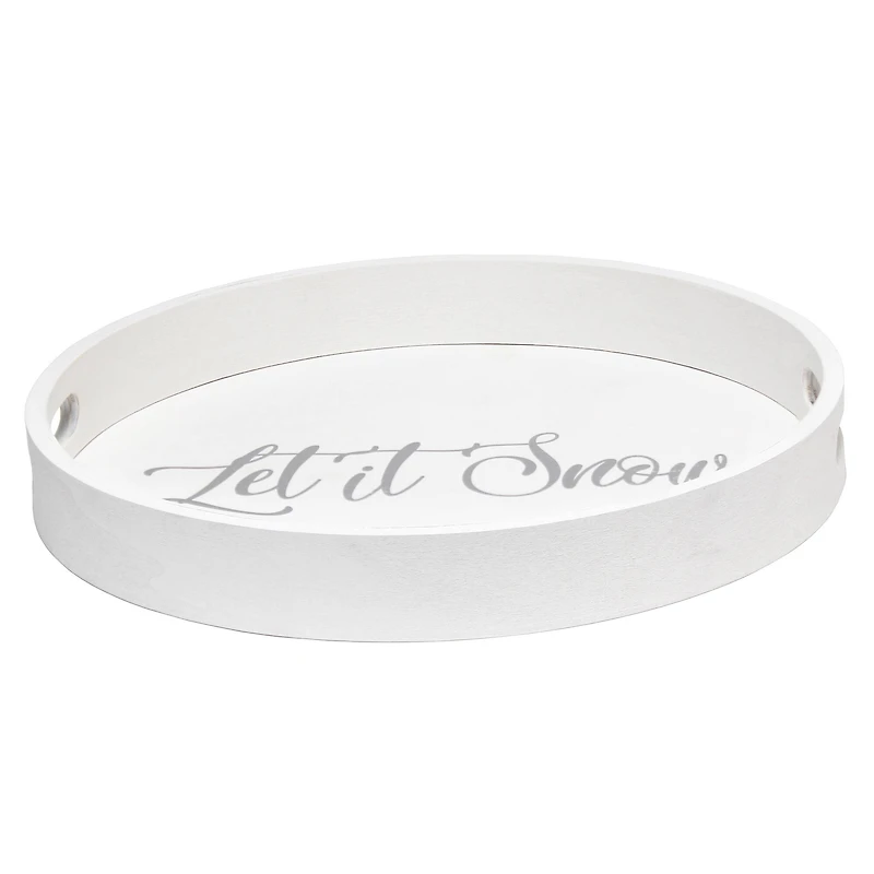 Elegant Designs™ 13.8" Round White Wash Let It Snow Serving Tray with Handles