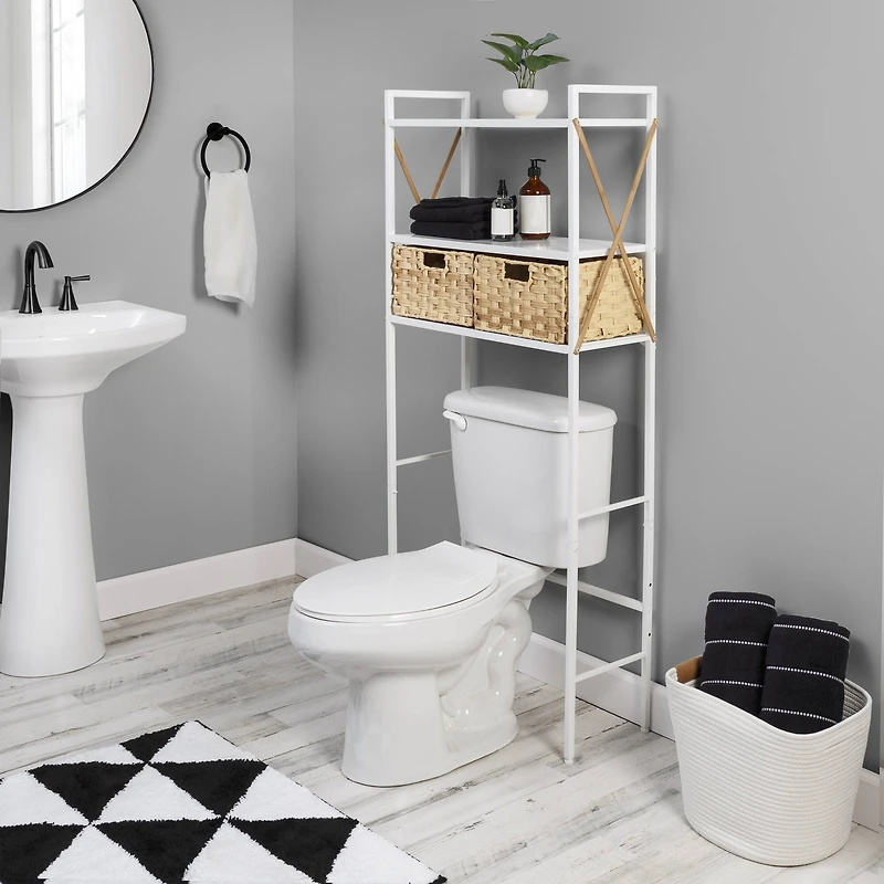 Honey Can Do 3-Tier White Decorative Over-the-Toilet Space Saver with Woven Baskets