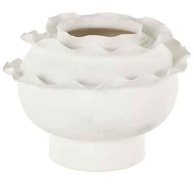 12" White Layered Petals Floral Inspired Abstract Ceramic Decorative Vase