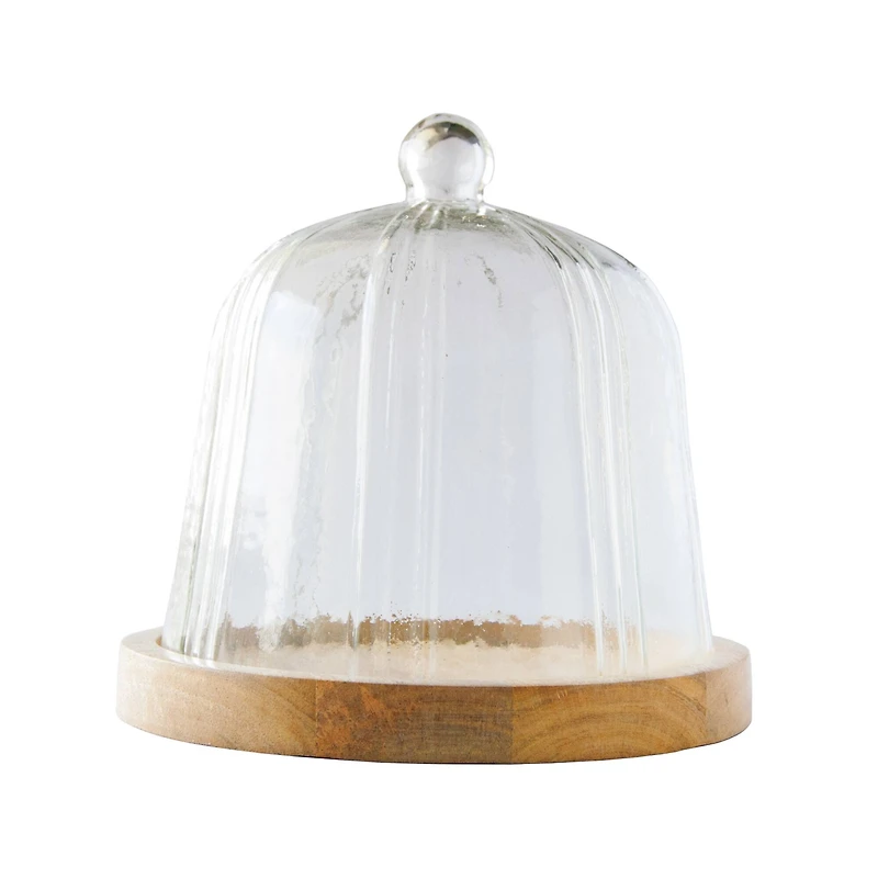 Hello Honey® 8" Clear Round Reclaimed Glass Cloche with Mango Wood Base