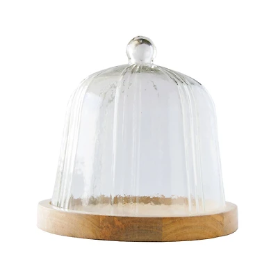 Hello Honey® 8" Clear Round Reclaimed Glass Cloche with Mango Wood Base