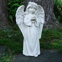 20.5" Gray Standing Girl Angel Holding a Bird Outdoor Statue