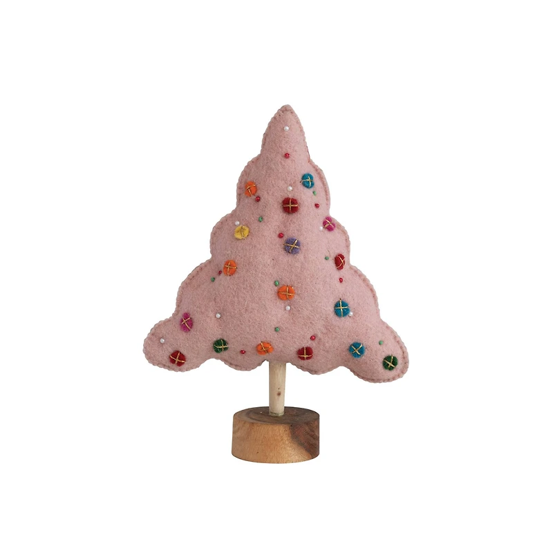 Hello Honey® 10.25" Pink Beaded Handmade Wool Felt Tree with Wood Base