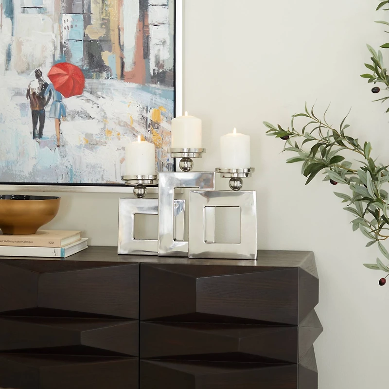 Silver Stainless Steel Modern Candle Holder, 11" x 14" x 6"