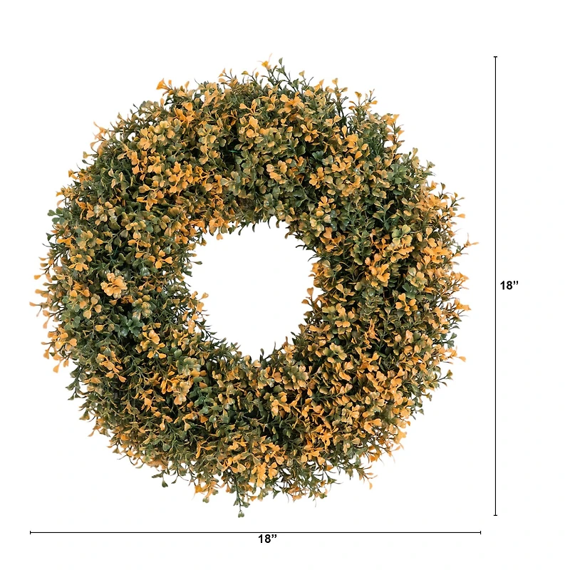18in. Pre-Lit Autumn Boxwood Artificial Fall Wreath with 25 Warm White LED Lights