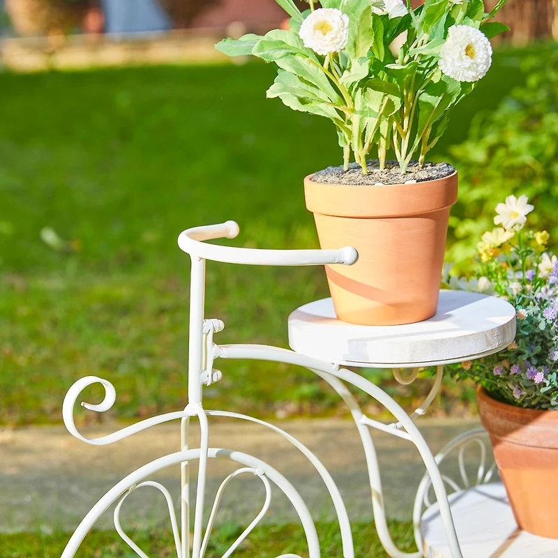 Glitzhome® 24" White Metal Tricycle Planter Stand with Solid Wood Tray