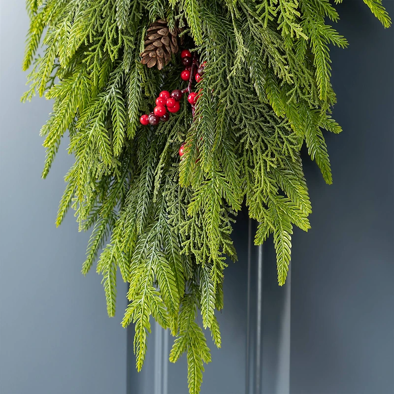 Glitzhome® 31.5"H Christmas Greenery PE Teardrop with Pinecones and Red Berries