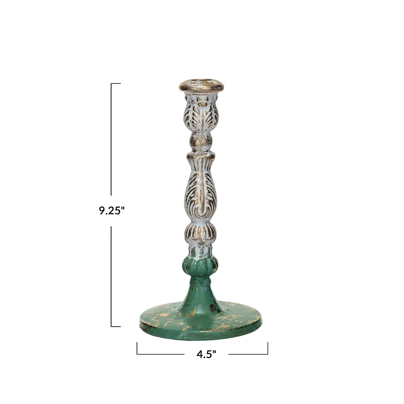 Hello Honey® 9.25" Green, Gold and Cream Distressed Cast Metal Taper Candleholder