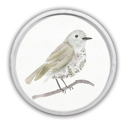 Neutral Sage Bird I Round White Framed Print