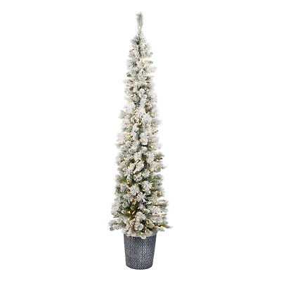 7ft. Pre-Lit Snowy Methow Pencil Artificial Christmas Entrance Tree, Warm White LED Lights